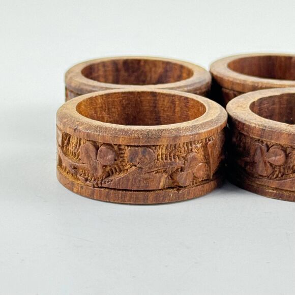 Floral Napkin Rings Carved Wood Set of 6 Made in India - Picture 2 of 6